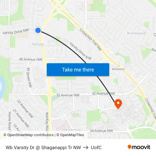 Wb Varsity Dr @ Shaganappi Tr NW to UofC map