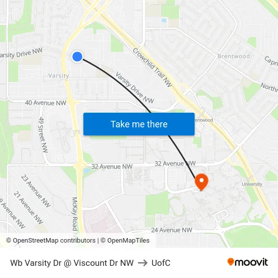 Wb Varsity Dr @ Viscount Dr NW to UofC map