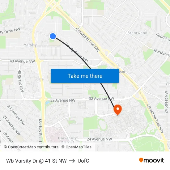 Wb Varsity Dr @ 41 St NW to UofC map