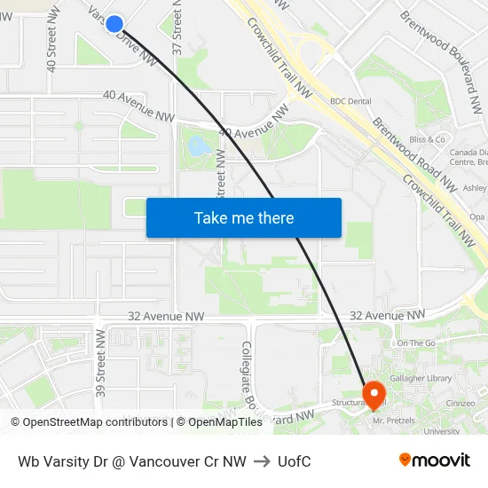 Wb Varsity Dr @ Vancouver Cr NW to UofC map