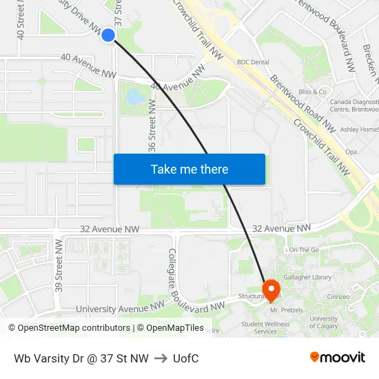 Wb Varsity Dr @ 37 St NW to UofC map