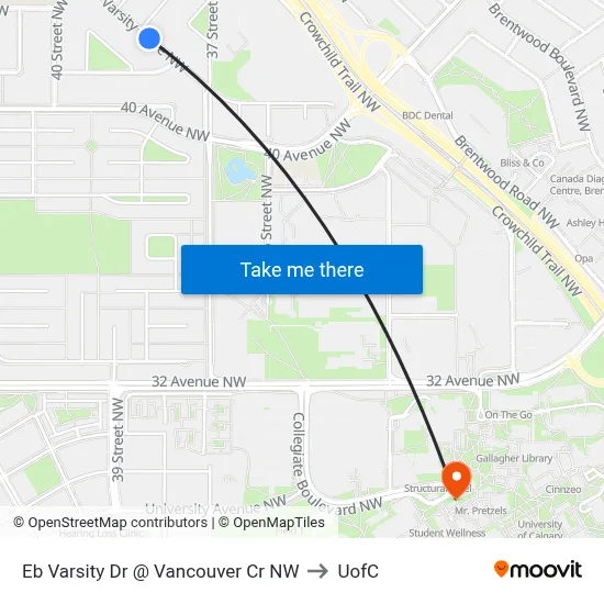 Eb Varsity Dr @ Vancouver Cr NW to UofC map