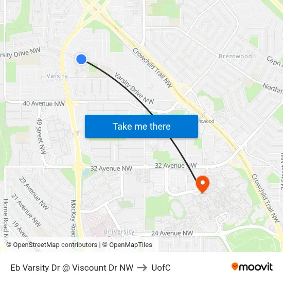Eb Varsity Dr @ Viscount Dr NW to UofC map