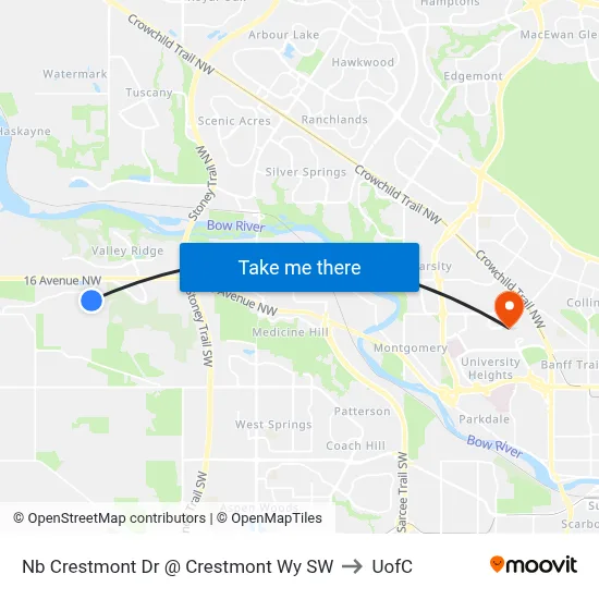 Nb Crestmont  Dr @ Crestmont Wy SW to UofC map