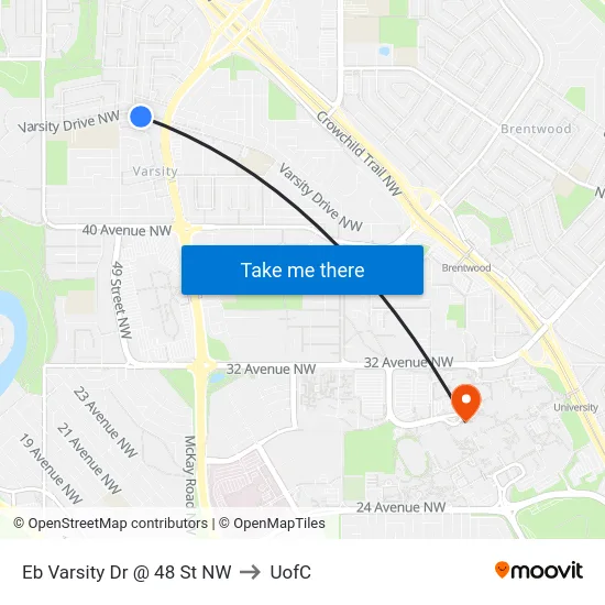 Eb Varsity Dr @ 48 St NW to UofC map