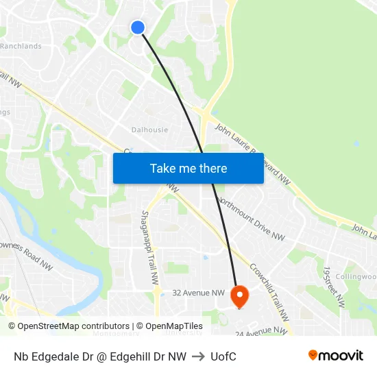 Nb Edgedale Dr @ Edgehill Dr NW to UofC map