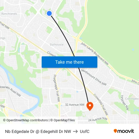 Nb Edgedale Dr @ Edegehill Dr NW to UofC map