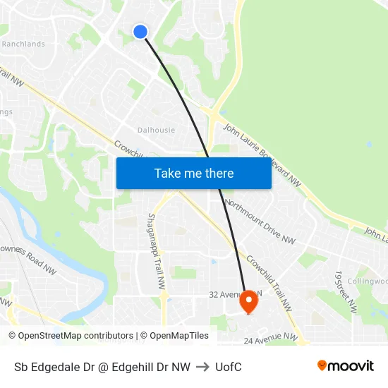 Sb Edgedale Dr @ Edgehill Dr NW to UofC map
