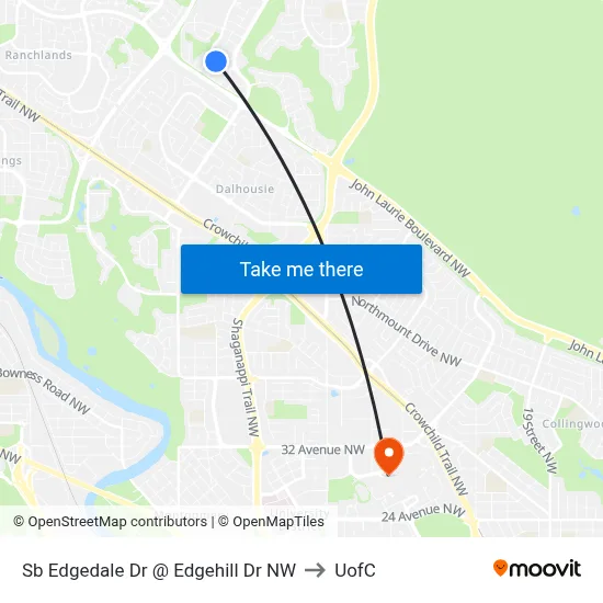 Sb Edgedale Dr @ Edgehill Dr NW to UofC map