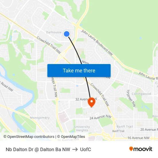 Nb Dalton Dr @ Dalton Ba NW to UofC map