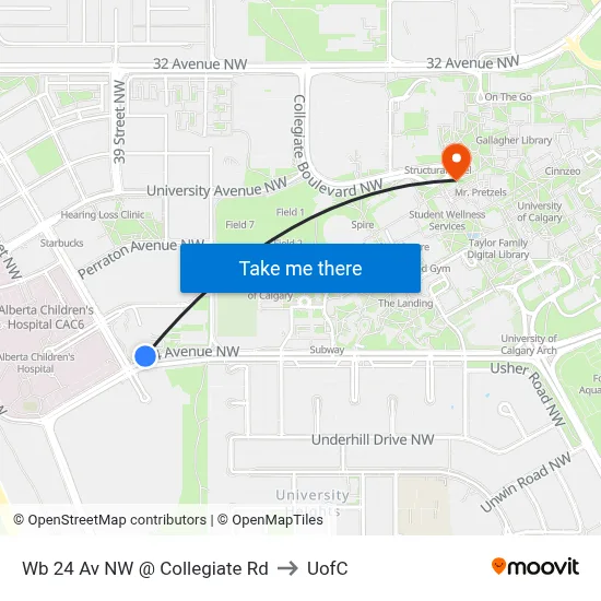 Wb 24 Av NW @ Collegiate Rd to UofC map