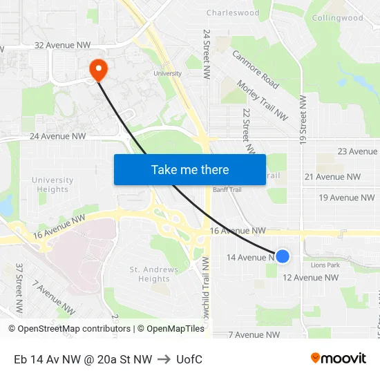 Eb 14 Av NW @ 20a St NW to UofC map