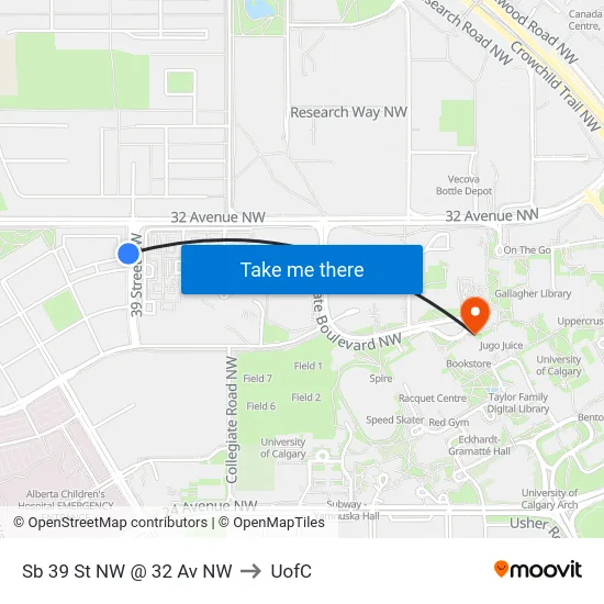 Sb 39 St NW @ 32 Av NW to UofC map