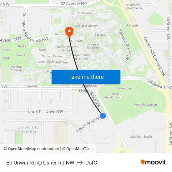 Eb Unwin Rd @ Usher Rd NW to UofC map