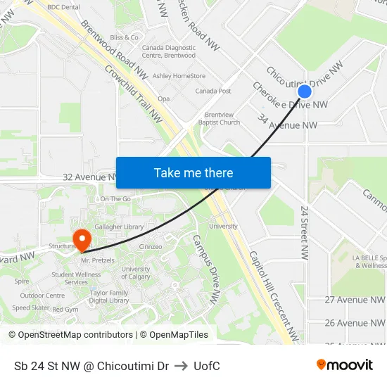 Sb 24 St NW @ Chicoutimi Dr to UofC map