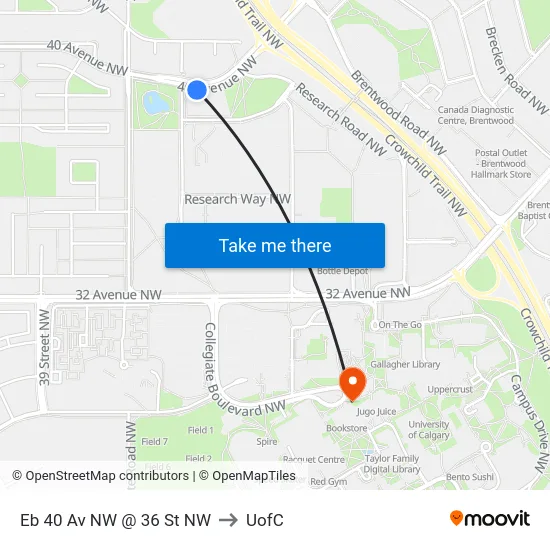 Eb 40 Av NW @ 36 St NW to UofC map