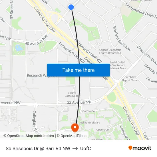 Sb Brisebois Dr @ Barr Rd NW to UofC map