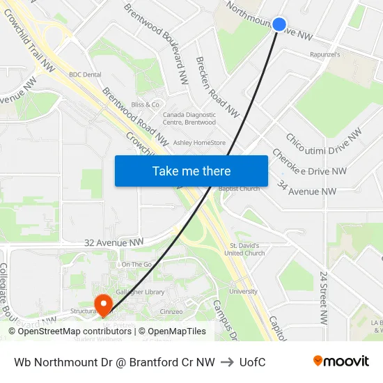 Wb Northmount Dr @ Brantford Cr NW to UofC map