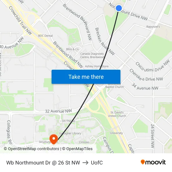 Wb Northmount Dr @ 26 St NW to UofC map