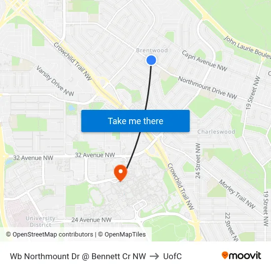Wb Northmount Dr @ Bennett Cr NW to UofC map