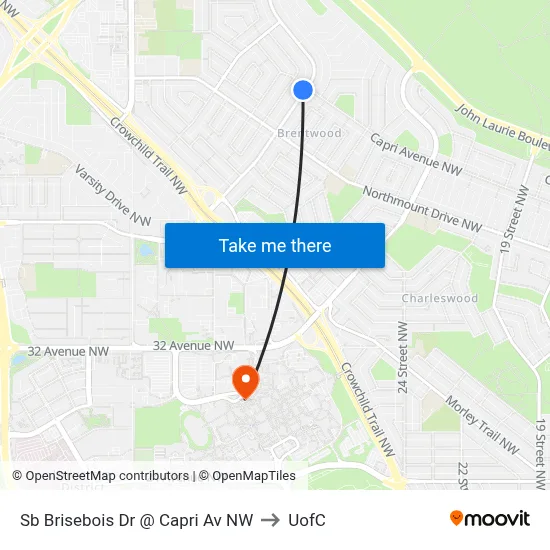 Sb Brisebois Dr @ Capri Av NW to UofC map