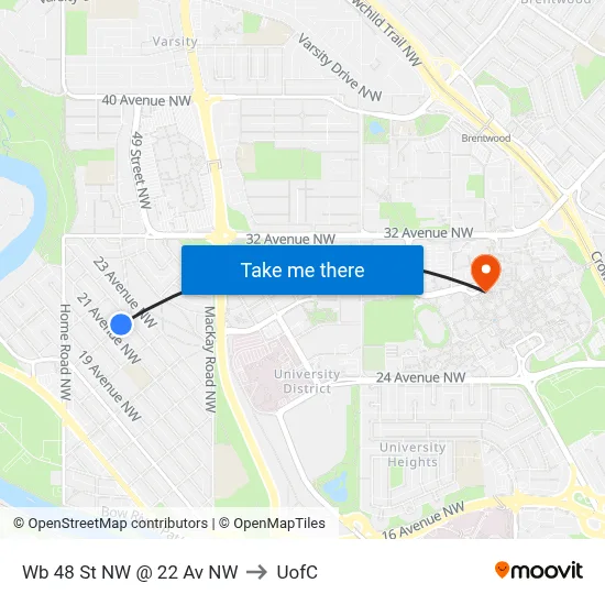 Wb 48 St NW @ 22 Av NW to UofC map