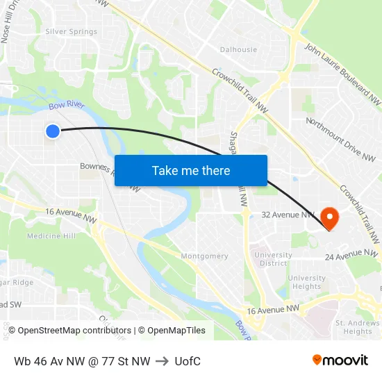 Wb 46 Av NW @ 77 St NW to UofC map