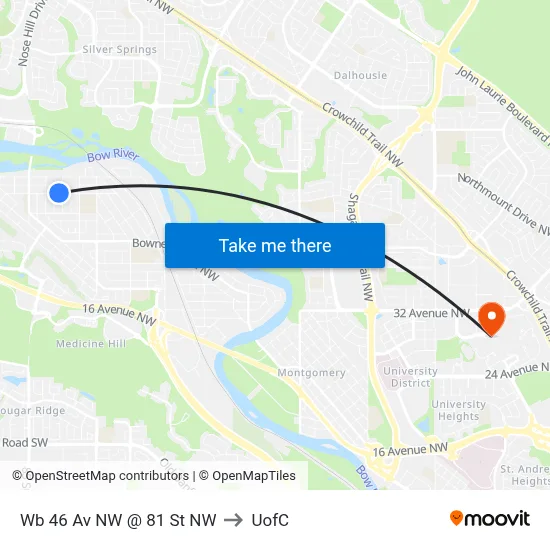 Wb 46 Av NW @ 81 St NW to UofC map