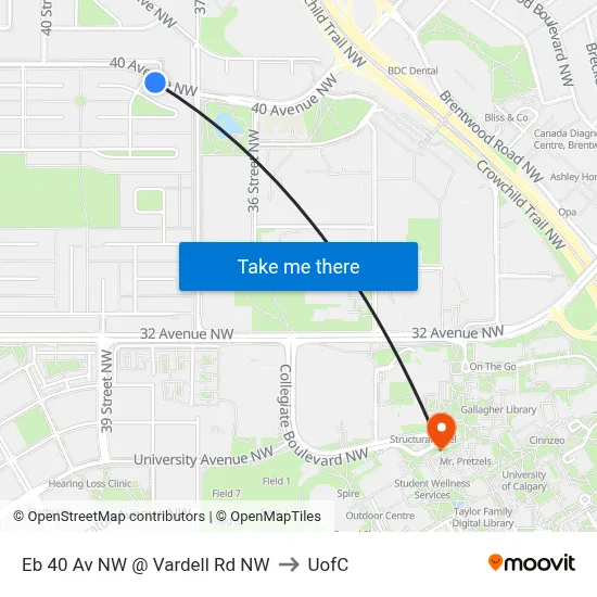 Eb 40 Av NW @ Vardell Rd NW to UofC map