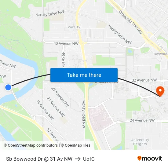 Sb Bowwood Dr @ 31 Av NW to UofC map