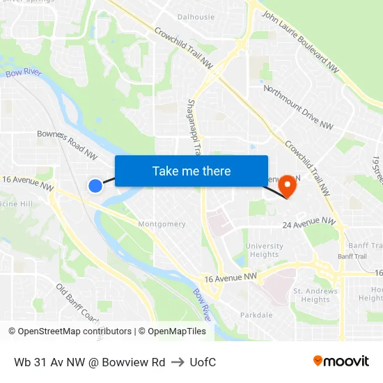 Wb 31 Av NW @ Bowview Rd to UofC map
