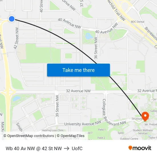 Wb 40 Av NW @ 42 St NW to UofC map