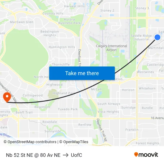 Nb 52 St NE @ 80 Av NE to UofC map