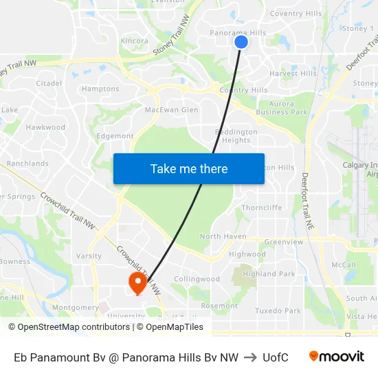 Eb Panamount Bv @ Panorama Hills Bv NW to UofC map