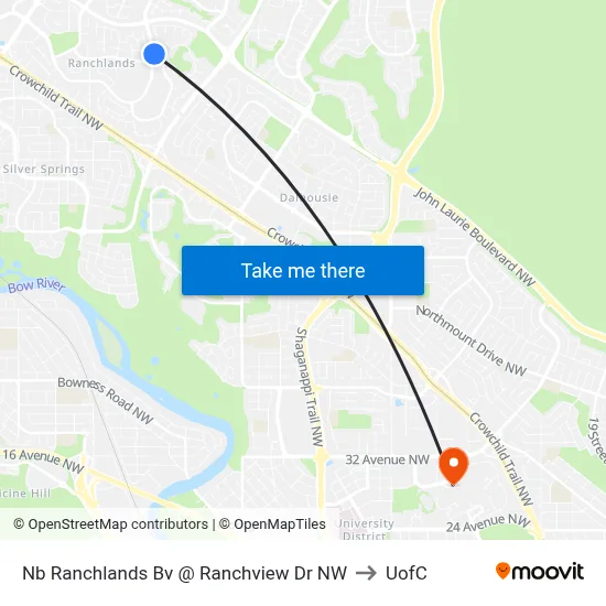 Nb Ranchlands Bv @ Ranchview Dr NW to UofC map