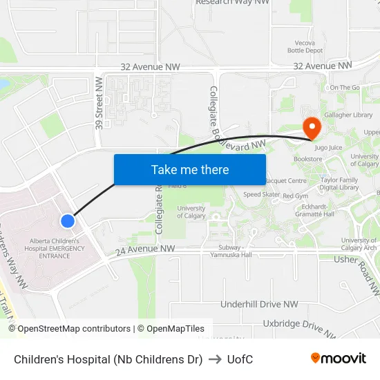Children's Hospital (Nb Childrens Dr) to UofC map