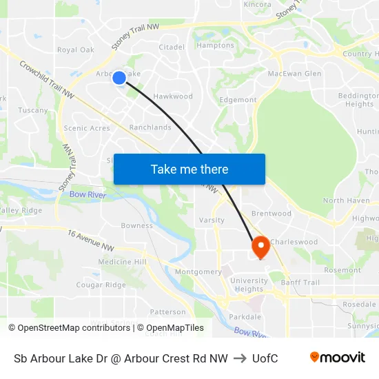 Sb Arbour Lake Dr @ Arbour Crest Rd NW to UofC map