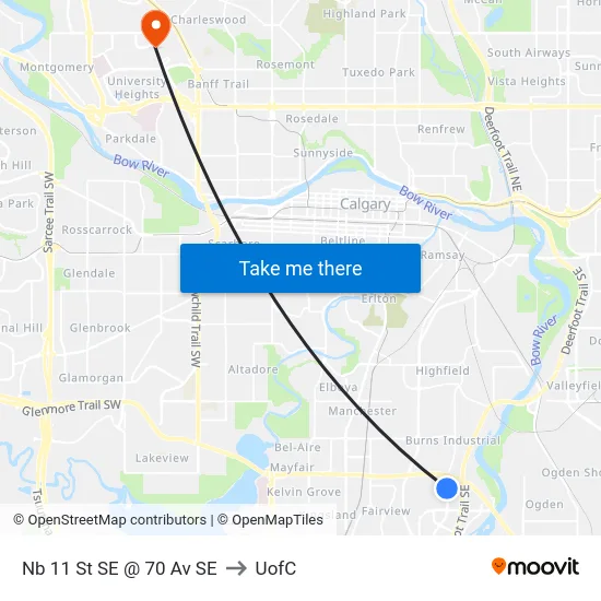 Nb 11 St SE @ 70 Av SE to UofC map