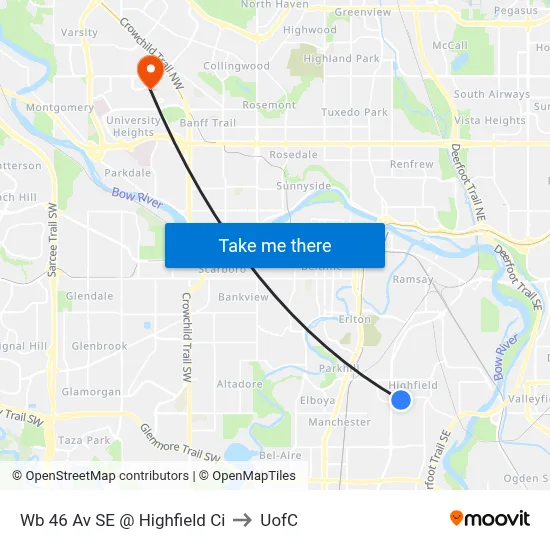 Wb 46 Av SE @ Highfield Ci to UofC map