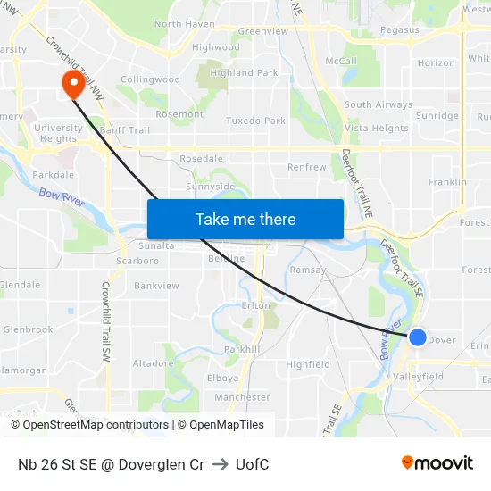 Nb 26 St SE @ Doverglen Cr to UofC map