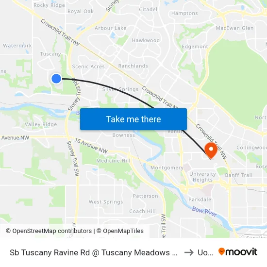 Sb Tuscany Ravine Rd @ Tuscany Meadows Dr NW to UofC map