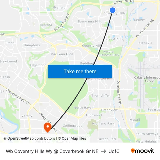 Wb Coventry Hills Wy @ Coverbrook Gr NE to UofC map