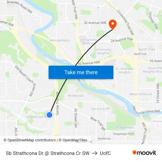 Sb Strathcona Dr @ Strathcona Cr SW to UofC map