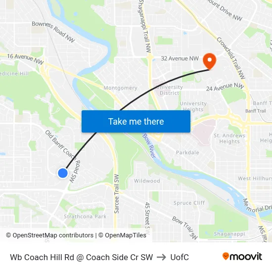 Wb Coach Hill Rd @ Coach Side Cr SW to UofC map