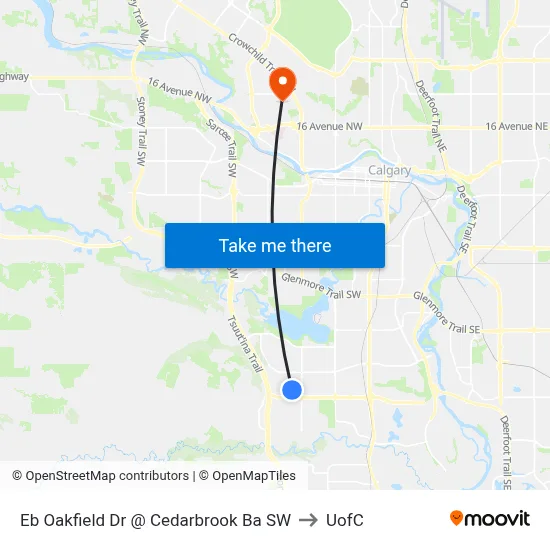 Eb Oakfield Dr @ Cedarbrook Ba SW to UofC map