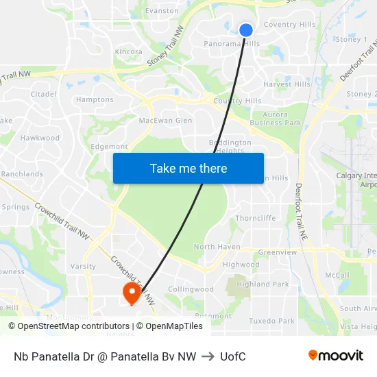 Nb Panatella Dr @ Panatella Bv NW to UofC map