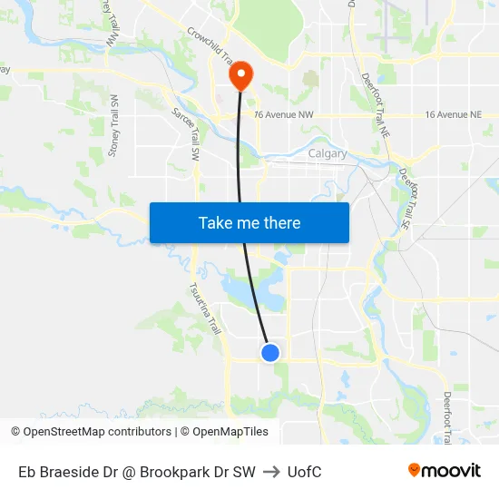 Eb Braeside Dr @ Brookpark Dr SW to UofC map