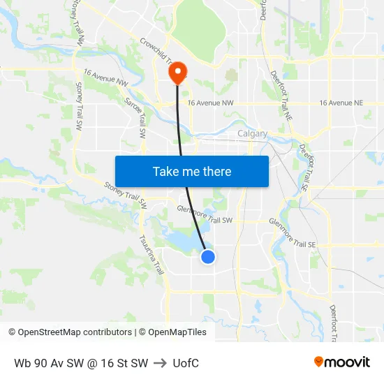 Wb 90 Av SW @ 16 St SW to UofC map
