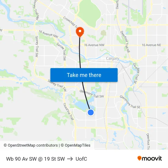 Wb 90 Av SW @ 19 St SW to UofC map