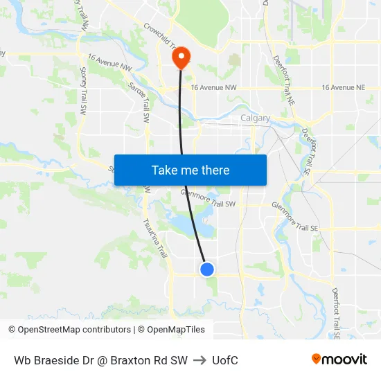 Wb Braeside Dr @ Braxton Rd SW to UofC map